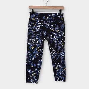 Sweaty Betty Power Crop Leggings Leaf Print Blue Black Workout Women's Sm